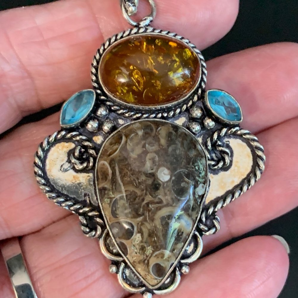 Sterling Turritella & Amber Pendant (OOAK)